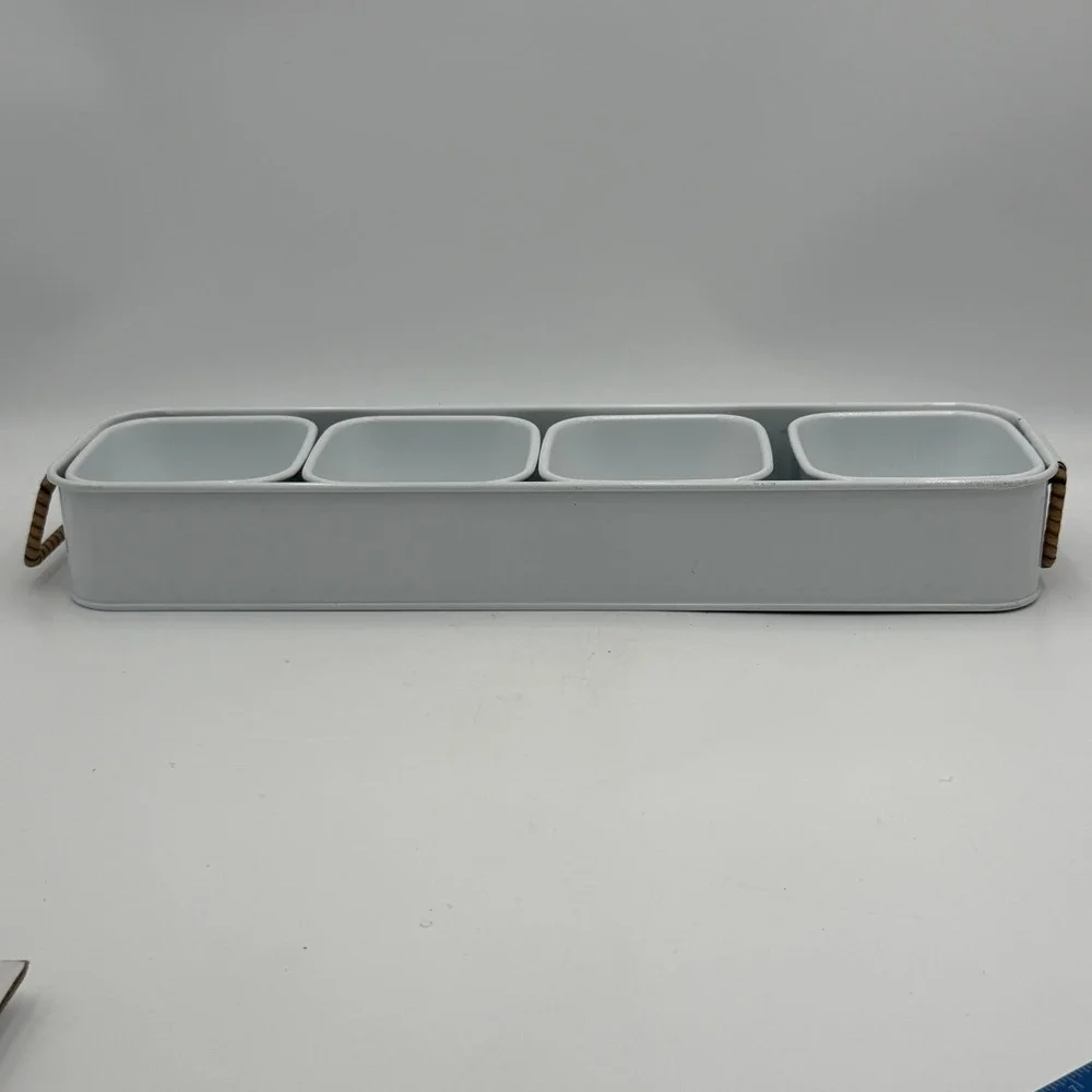 White Enamel Metal Condiment Server Set 4 Bowls Rectangular Tray Rattan Handles